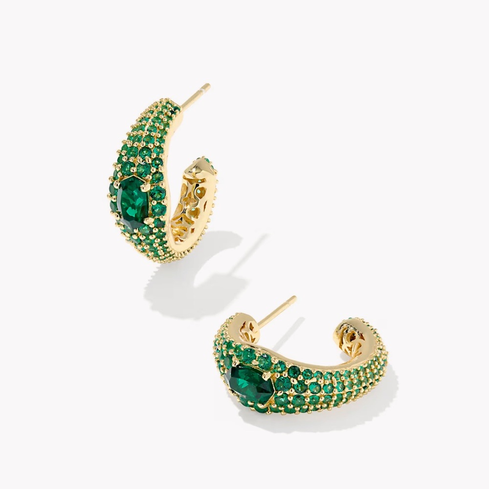 New Kendra Scott Bella Gold Hoop Earrings Dark Green Crystal